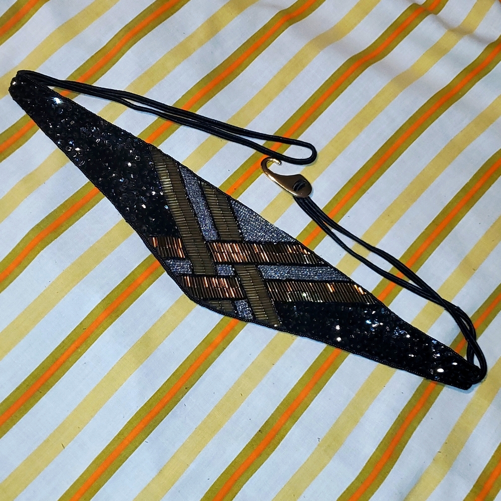 Vintage Milor belt, fancy, black silver pewter gold bronze beaded stretchy